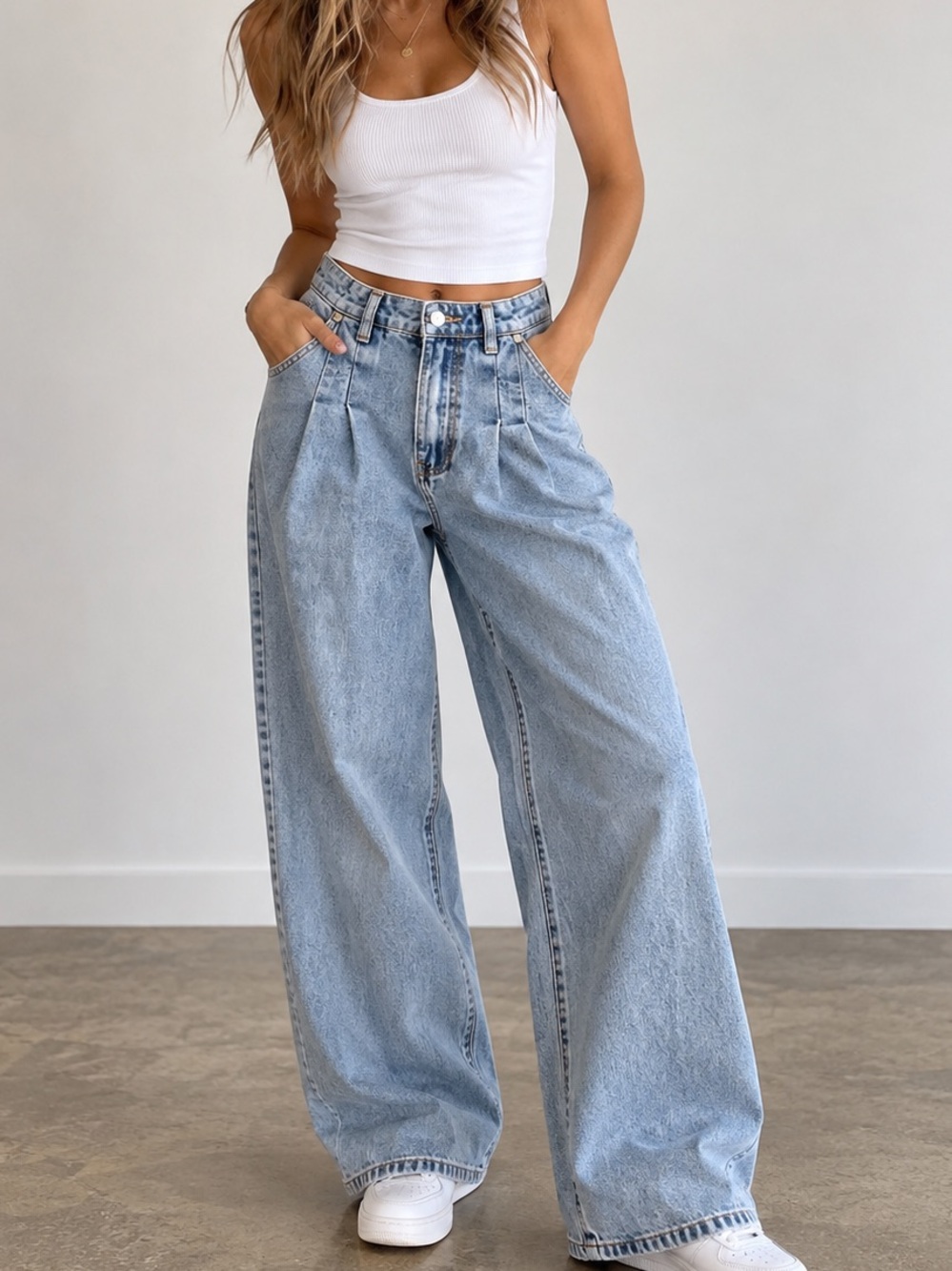 NASTY GAL COLLECTION UK | Pleated Wide Leg Denim Jeans | Light Wash
